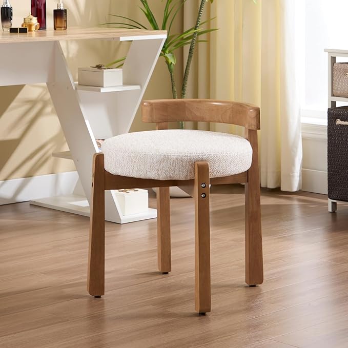 Modern Vanity Chair Upholstered Small Ottoman Footstool, Make Up Stool Chenille Fabric with Backrest Wooden Frame for Living Room Bedrooms, 1PC, Beige
