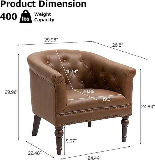 Lumibee Faux Leather Barrel Chair, Upholstered Accent Chair for Living Room, Modern Comfy Club Armchair for Office, Bedroom, Waiting Room-Brown