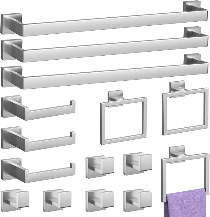 15-Piece Brushed Nickel Bathroom Accessories Set – 23.6" Towel Bar, Towel Ring, Toilet Paper Holder & Hooks, Wall Mounted Bathroom Hardware, Rust & Corrosion-Resistant, Ideal for Modern Bathrooms
