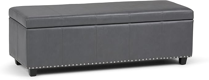 SIMPLIHOME Kingsley 48 inch Wide Transitional Rectangle Large Storage Ottoman in Stone Grey Vegan Faux Leather, Assembled, For the Living Room, Entryway and Family Room