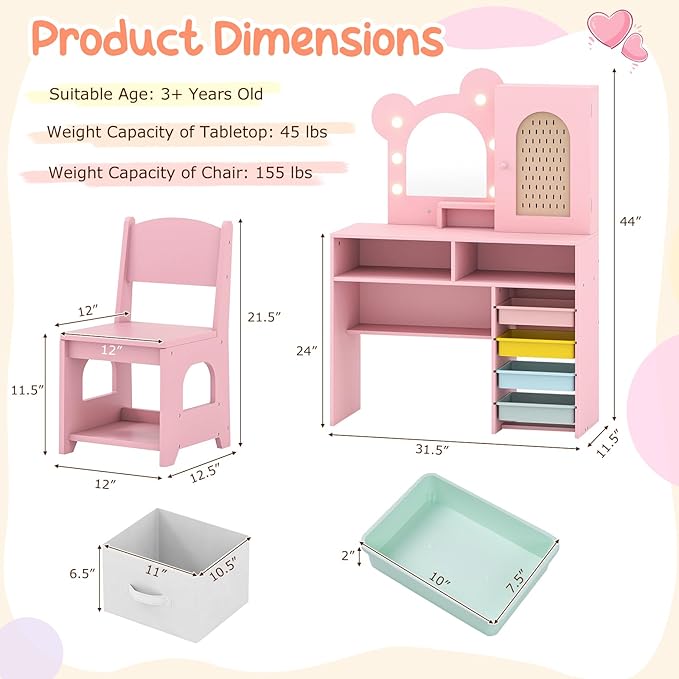 Costzon Kids Vanity with Lights, Girls Vanity Set with Mirror, Storage Drawers, Cabinet & Shelves, Toddler Makeup Vanity Desk Dressing Table, Wooden Kids Vanity Table and Chair Set (Pink)