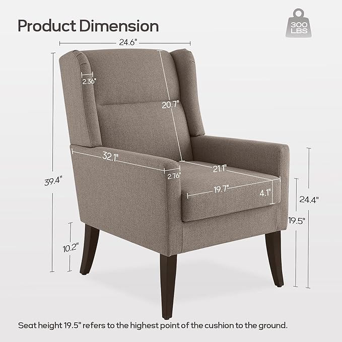 High Back Living Room Chairs, Fabric Accent Chair, Comfy Upholstered Armchair with Wooden Legs for Living Room, Bedroom, Apartment (2, Brown)
