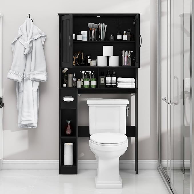 Over The Toilet Storage Cabinet, Farmhouse Storage Cabinet Over Toilet with Barn Door& Toilet Paper Holder Stand,Home Space-Saving Toilet Rack, for Bathroom, Restroom, Laundry.Pure Black