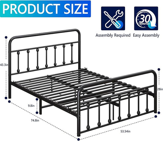 Metal Full Single Bed Frame with Storage Space, 74.8" in Steel Bed Frame with Protective Foot Pads, Strong Bearing Capacity Full Size Bed, Easy Assembly, Underbed Storage Space(43.3 inch)