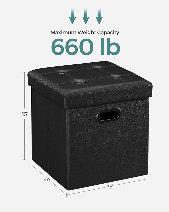 SONGMICS MAZIE Collection - 15 Inches Ottoman with Storage, Footstool, Storage Ottoman with Metal Grommet Handles, Load 660 lb, for Dorm, Living Room, Bedroom, Synthetic Leather, Black ULSF30B