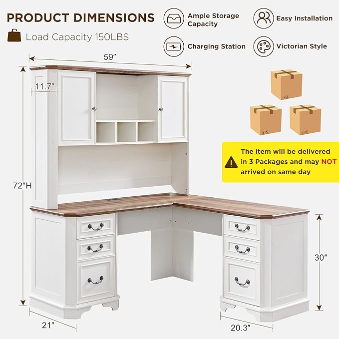 T4TREAM 59" L Shaped Desk with Hutch,Victorian Wood Computer Desk, Featuring Charging Station,File Drawer, Storage Cabinet,for Home Office Work and Study (Antique White)