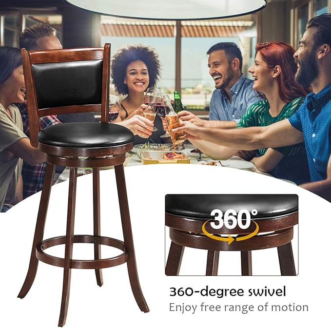 COSTWAY Bar Stools Set of 2, 360 Degree Swivel, Accent Wooden Swivel Seat Bar Height Stool, Leather Upholstered Design, PVC Cushioned Seat, Perfect for Dining and Living Room (Height 29")