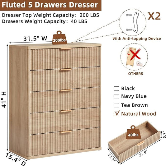 LEYAOYAO Fluted 5 Drawers Dresser for Bedroom Set of 2, 41" Tall Modern Chest of Drawers with Metal Handle, Curved Profile Design,Natural Wood Drawer Organizer for Bedroom, Living Room, Hallway