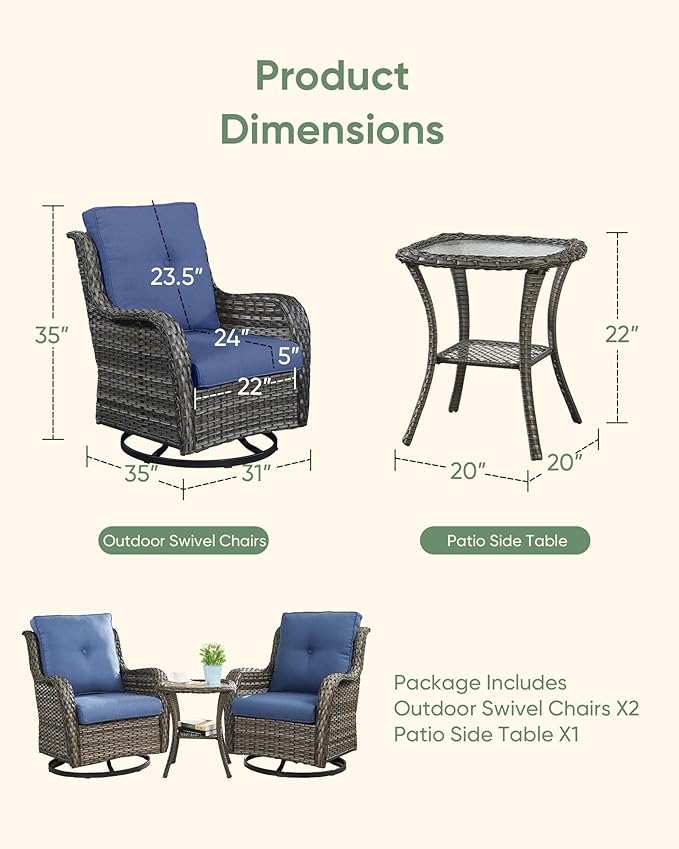 HUMMUH 3-Piece Swivel Rocking Rattan Chair Outdoor, Patio Bistro Furniture Conversation Set,Cushioned Wicker Chair with Glass Coffee Table(Grey, Blue)