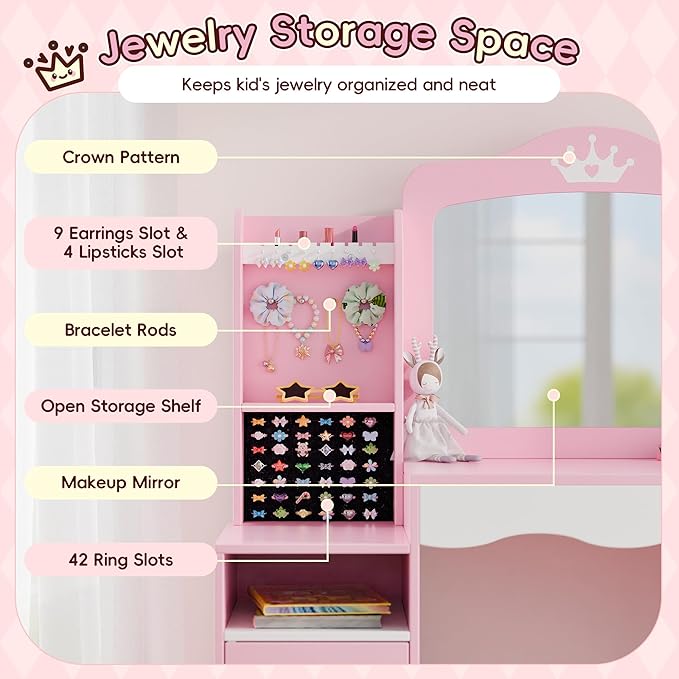 Kids Vanity, Girl Vanity Set with Storage Cabinet & Open Shelf, 2 In 1 Kids Vanity Table and Chair Set with Jewelry Storage, Princess Toddler Makeup Vanity with Mirror for Little Girls (Pink)