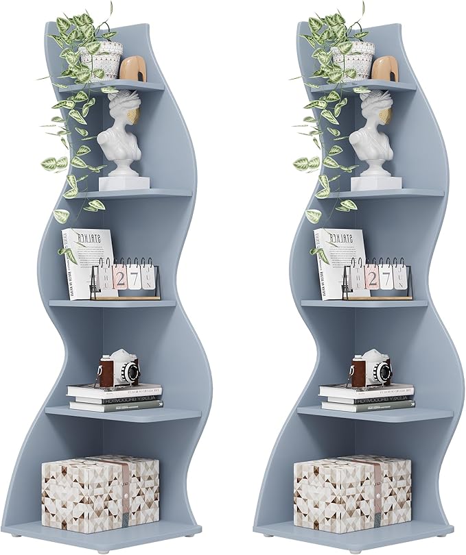 Tribesigns Corner Shelf, Modern 5-Tier Wall Corner Bookshelf, Stylish Corner Small Bookcase Storage Rack Plant Stand with Unique Shape for Living Room, Home Office (Blue, 2PCS)