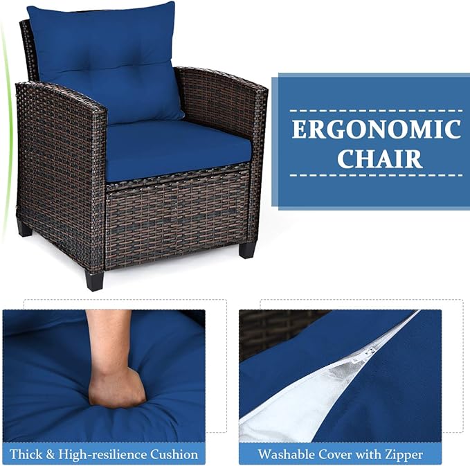 Tangkula 3 Pieces Patio Furniture Set, PE Rattan Wicker 3 Pcs Outdoor Sofa Set w/Washable Cushion and Tempered Glass Tabletop, Conversation Furniture for Garden Poolside Balcony (Blue)