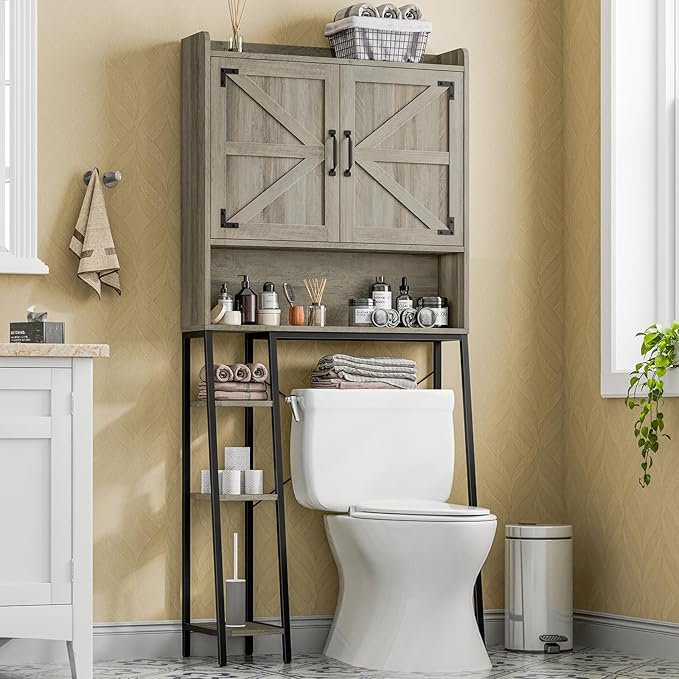 Vabches Over The Toilet Storage Cabinet, Farmhouse Storage Cabinet Over Toilet with 2 Barn Door & Toilet Paper Holder Stand,Home Space-Saving Toilet Rack, for Bathroom, Restroom, Laundry