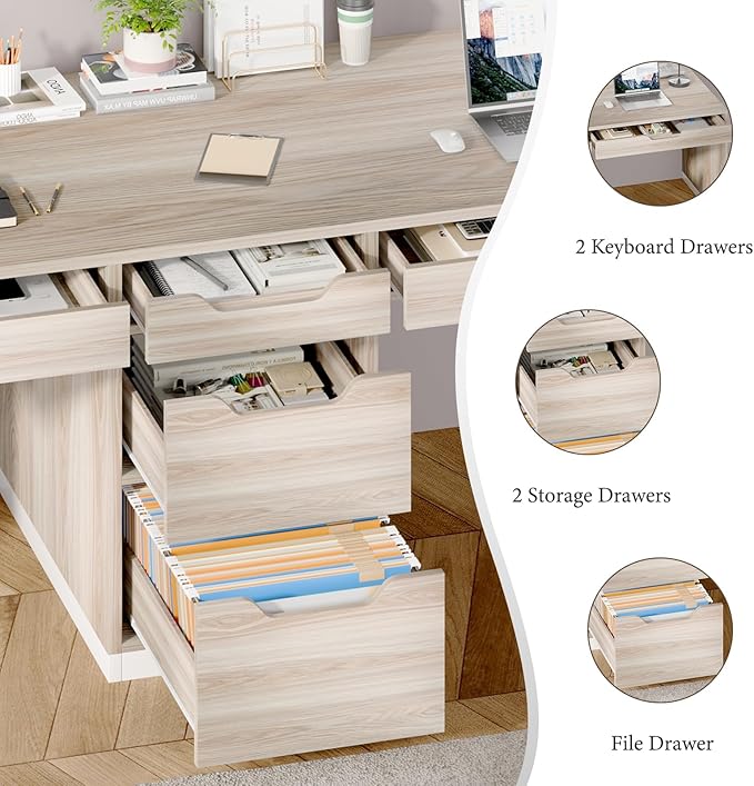 Two Person Desk with 5 Drawers, Double Desk with Storage for 2 People, 78 Inch Extra Long Computer Desk Workstation with File Drawer for Home Office, White and Walnut