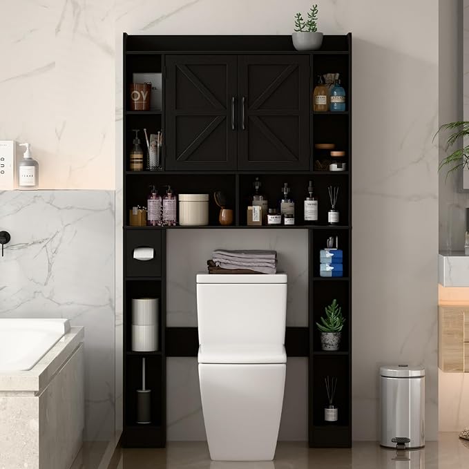 Farmhouse Storage Cabinet Over Toilet with Barn Doors,Over The Toilet Storage Cabinet, Home Space-Saving Toilet Rack, for Bathroom, Restroom, Laundry.Pure Black