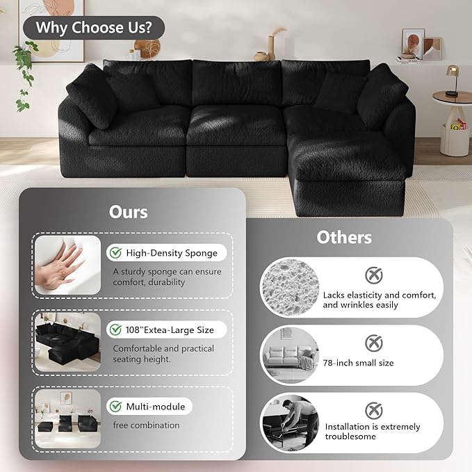 108" Boneless Cloud Couch Modular Sectional Sofa with Deep Seat for Living Room, L Shape Couch with Ottoman, Snowflake Cloth and 40D Memory Sponge,2 Throw Pillows (Black, 3 Seater+1 Ottoman)
