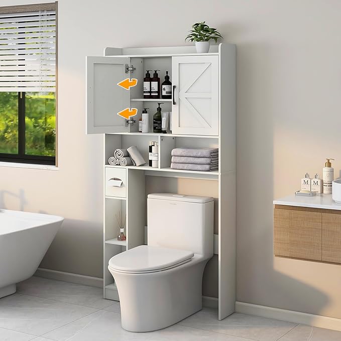 Over The Toilet Storage Cabinet, Farmhouse Storage Cabinet Over Toilet with 2 Barn Door & Toilet Paper Holder Stand, Home Space-Saving Rack, for Bathroom, Restroom (White).