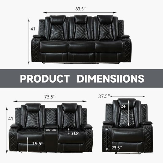 Power Recliner with LED, Black Leather Reclining Chair for Living Room, Muti-Functional Recliner with Storage Armrest/USB Ports for Living Room/Bedroom/Office