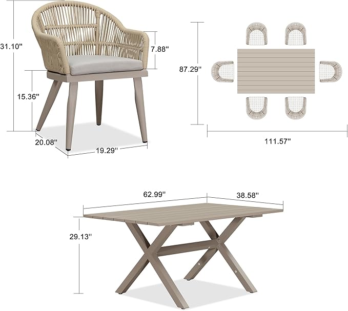PURPLE LEAF 7 Pieces Patio Dining Set with Outdoor Aluminium Dining Table and Woven Rattan Chairs Modern Metal Furniture Cushions Sets for Garden Yard Indoor Decor Kitchen Champagne