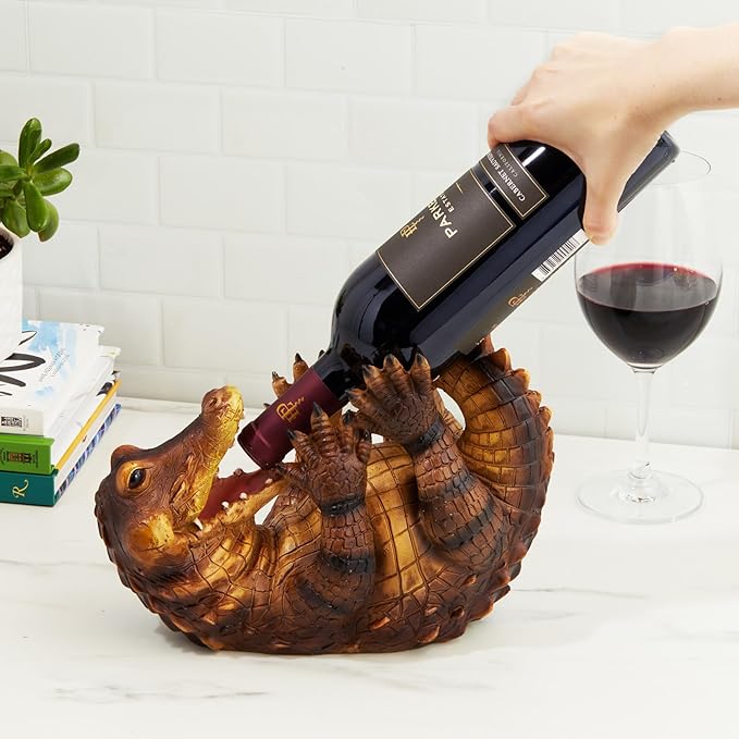TRUE Amazing Alligator Polyresin Wine Stand Bottle Holder, Brown, Holds 1 Bottle, Tabletop Mount