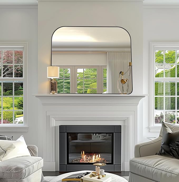 ANDY STAR Black Arched Mantel Large Wall Mirror 30x36, Matte Black Stainless Steel Frame, Arch Mirror with Soft Curved Corner for Bathroom, Entryway, Fireplace Mantel, Bedroom & Living Room Wall Decor
