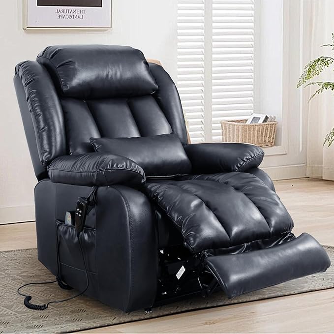 MAEVIS Large Genuine Leather Power Lift Recliner Chair, Dual Motor Recliner for Elderly,Extended Footrest and Lumbar Pillow for Tall Man,with Heat and Massage, USB and Type-C Ports(Deep Blue)