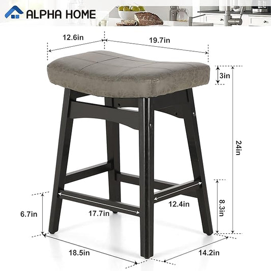 ALPHA HOME Bar Stool, Solid Wood Saddle Kitchen Stool with Grey PU Leather Cushion Counter Height Barstool with Wooden Base for Kitchen Dining Cafe, 24 Inch, Grey, 1PC