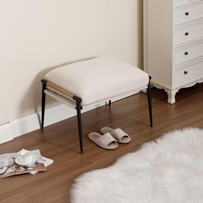 LukeAlon Upholstered Chenille Footstool, Modern Ottoman Footrest Small Shoe Stool with Black Metal Legs Mid Century Vanity Stool with Wooden Armrests for Living Room Entrance Cushion Removable, Beige