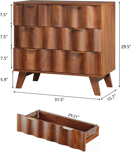 3 Drawer Dresser, Fluted Chest of Drawers with Handles for Closet, Large Nightstand with 3 Drawers Accent Cabinet for Bedroom, Living Room, Hallway (Walnut)
