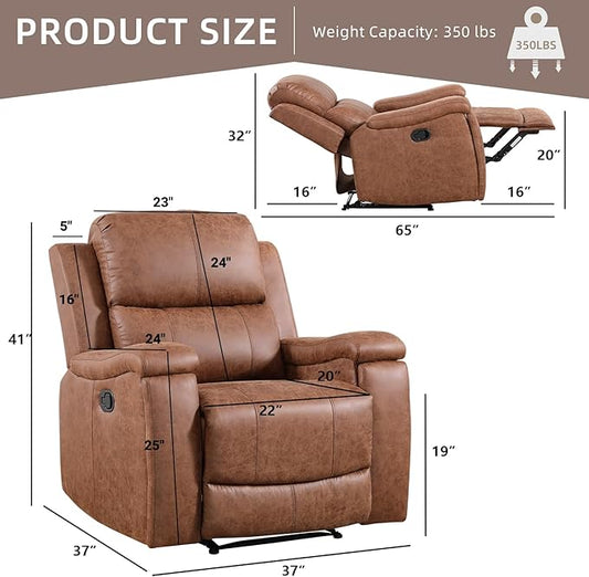 Leather Recliner Chair, Manual Recliner Chair for Adults with Overstuffed Arms and Back, Single Sofa Recliner with Cup Holders for Living Room (1, Brown)