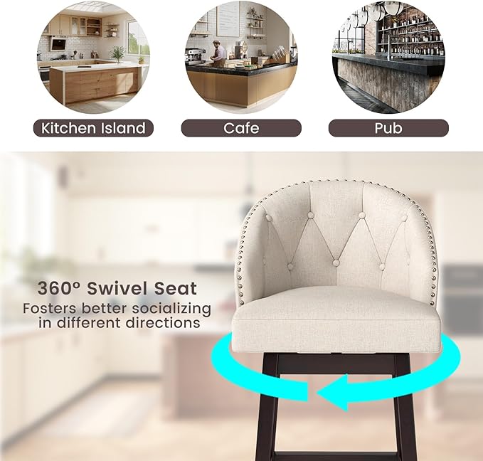 COSTWAY Bar Stools Set of 2, 31’’ Swivel Bar Stools with Rubber Wood Legs & Padded Back, Breathable Linen Fabric, Stylish Tufted Design & Rivet Decoration, Adjustable Foot Pads (2, Beige + Brown)