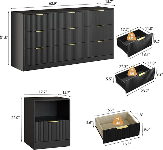 3-Piece Modern Bedroom Furniture Set, Wide 9-Drawer Dresser & 1-Drawer Nightstands Set of 2, Natural Wood Dresser and Nightstand Sets for Bedroom, Hallway, Black