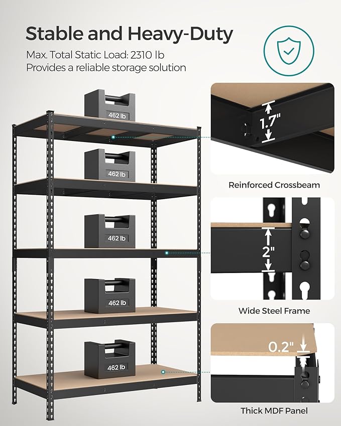 SONGMICS 5-Tier Storage Shelves, Load 2310 lb, Garage Storage, Boltless Assembly, Adjustable Shelving Unit, 23.6 x 47.2 x 70.9 Inches, for Study Shed Basement, Black and Natural Beige UGLR600B01
