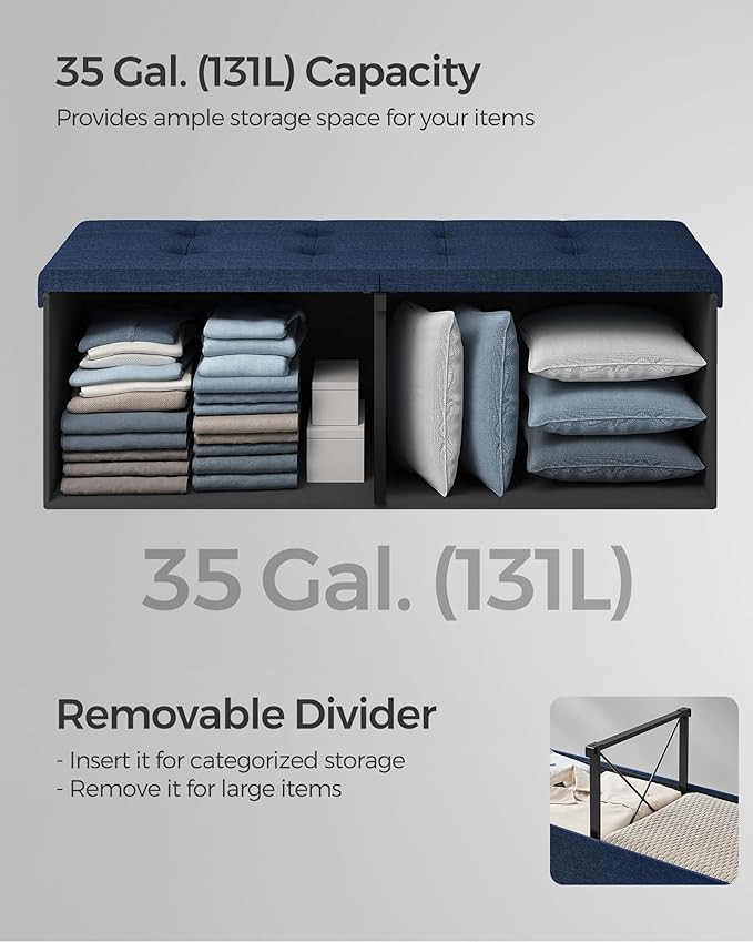 SONGMICS Mazie Collection - 43 Inches Storage Ottoman, Foldable Storage Bench with Flipping Lid, 660 lb Load Capacity, for Entryway, Living Room, Bedroom, Midnight Blue ULSF076Q02