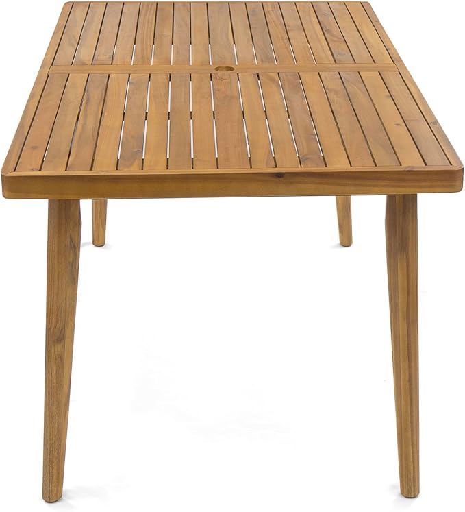 Christopher Knight Home Patio Rectangular Acacia Wood Dining Table with Umbrella Hole, Sturdy for Outdoor Dining, BBQ, Garden, Pair with Dining Chair/Bench, Teak Finish
