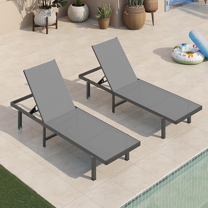 Pool Lounge Chairs Set of 2,Outdoor Lounge Chairs with Wheels and 5-Position Recliner -Easy to Move- Aluminum Patio Lounge Chair for Poolside, Deck (Darkgray)
