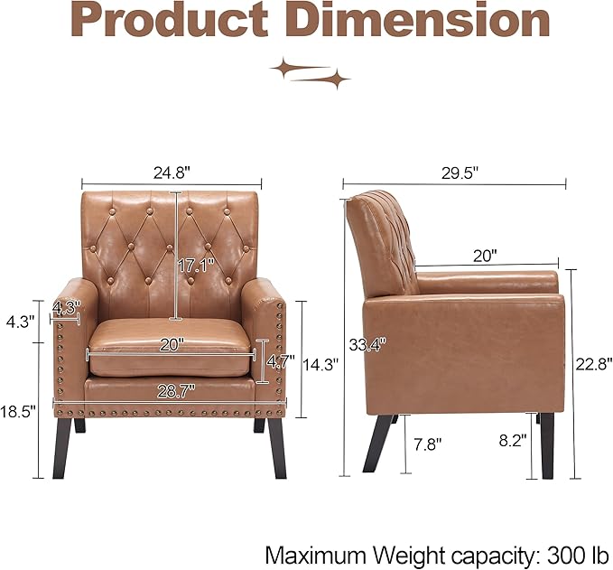 Mid Century Modern Accent Chair, Light Brown Faux Leather Office Chair for Reception - Brown Leather Club Chair for Living Room, Bedroom, or Waiting Room