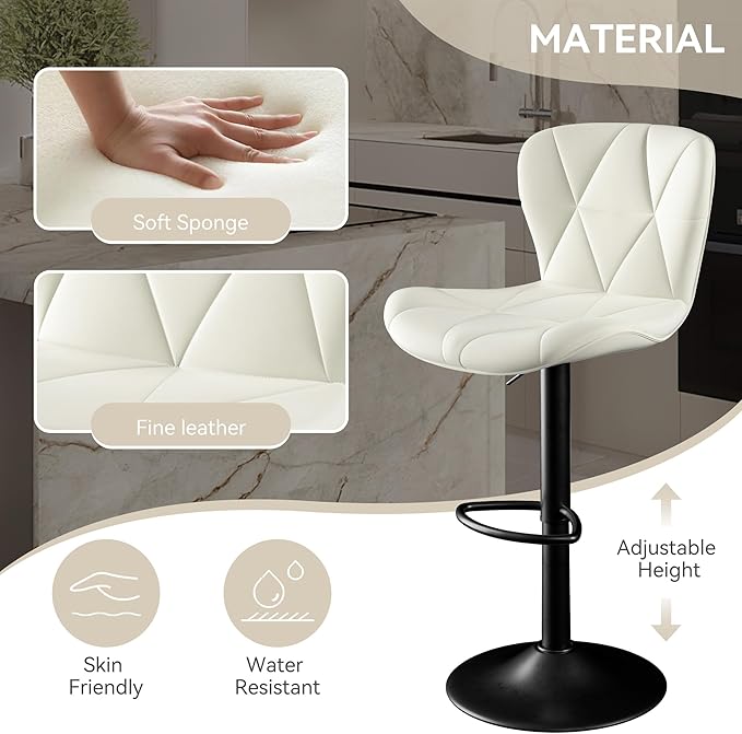 Bar Stools Set of 2,Adjustable Swivel Barstools,Counter Height Barstools with Backs Faux Leather Kitchen Island Bar Chair, White
