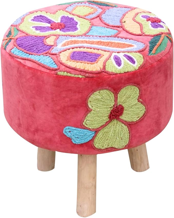 Elke Pink Velvet Embroidered Round Pouf Ottoman – 16" Handcrafted Upholstered Floral Foot Stool with Removable Cover – Soft Cotton Velvet Knockdown Accent Seat for Bedroom, Living Room & Boho Decor