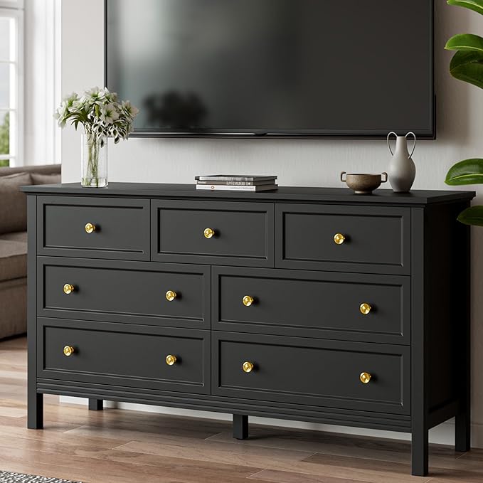 Black Dresser for Bedroom with Gold Handle Modern 7 Drawer Dresser, Wood Chest of Drawer Closet Clothes Storage Organizer for Living Room, Hallway, TV Stand, 55 Inch