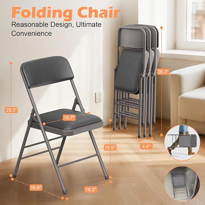 Commercial Grade Folding Chair with Padded Fabric Cushion(16"X16" |Double-hinged Legs Luxury Style|4.5kg Capacity Max Weight 150Kg for Home and Office,Indoor and Outdoor Events (2, PU-Gray)