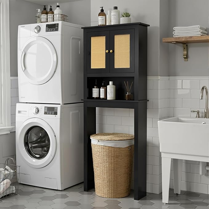 Over The Toilet Storage Cabinet, Behind Toilet Bathroom Organizer with Adjustable Shelves, Wooden Above Toilet Storage Shelf, Space Saver for Restroom, Bathroom, Laundry