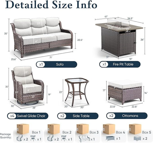 Belord Luxury 6" Thick Cushioned 10 Pieces Patio Furniture Set with Fire Pit Table, Wicker Outdoor Conversation Set with High Back Swivel Rocker Chairs for Deck Porch Yard and Poolside - Brown+Beige