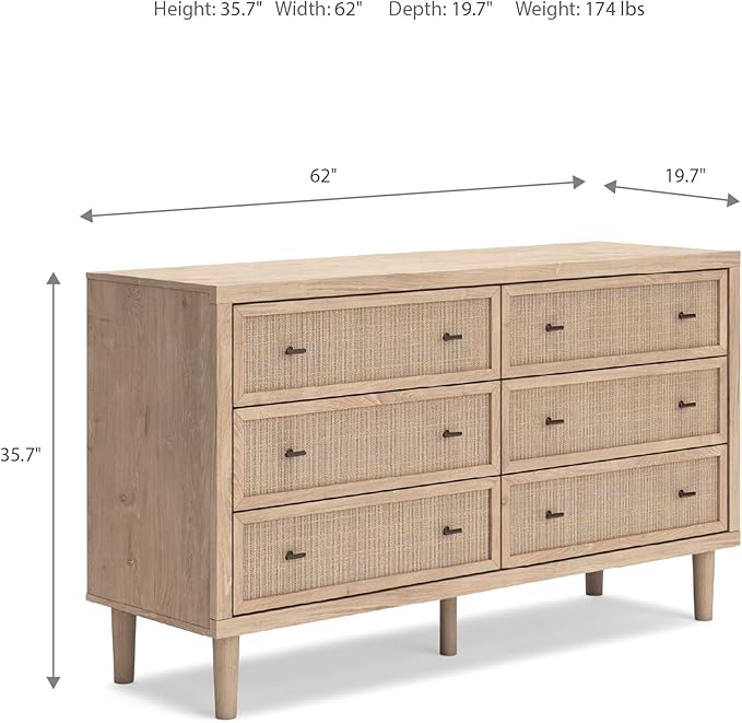 Signature Design by Ashley Cielden Coastal 6-Drawer Dresser, Bronze-Tone Knobs, Safety Stop, Textured Cane Details, 62.01" W x 19.65" D x 35.67" H, Light Brown
