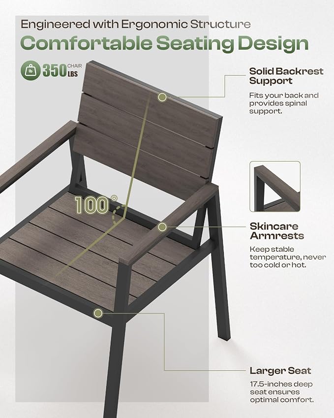 Aluminum Patio Dining Sets 5-Piece Outdoor Dining Sets with Umbrella Hole Wood-Like Table and Chairs, Outdoor Furniture Sets All Weather for Garden, Backyard, Lawn, and Poolside, Charcoal