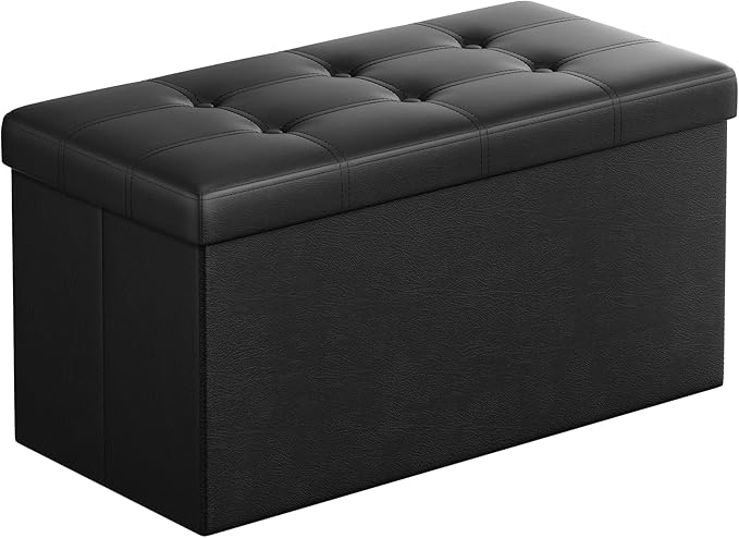 SONGMICS MAZIE Collection - 30 Inches Folding Storage Ottoman Bench, Ottoman with Storage, Foot Rest Stool, Load 660 lb, for Living Room, Synthetic Leather, Black ULSF105