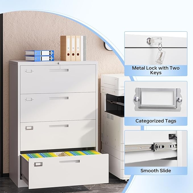 Lateral Filing Cabinet,4 Drawer File Cabinet with Lock,Office Lateral File Cabinets for Legal/Letter A4 Size,Require Assembly, White