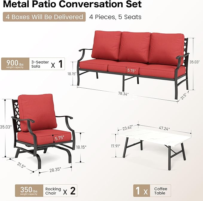 4 Piece Metal Outdoor Patio Furniture Set, Patio Conversation Set 1 3-Seater Sofa, 2 Rocking Chair with 5.75" Extra Thick Cushion and Coffee Table, Black Frame Backyard Furniture, Red