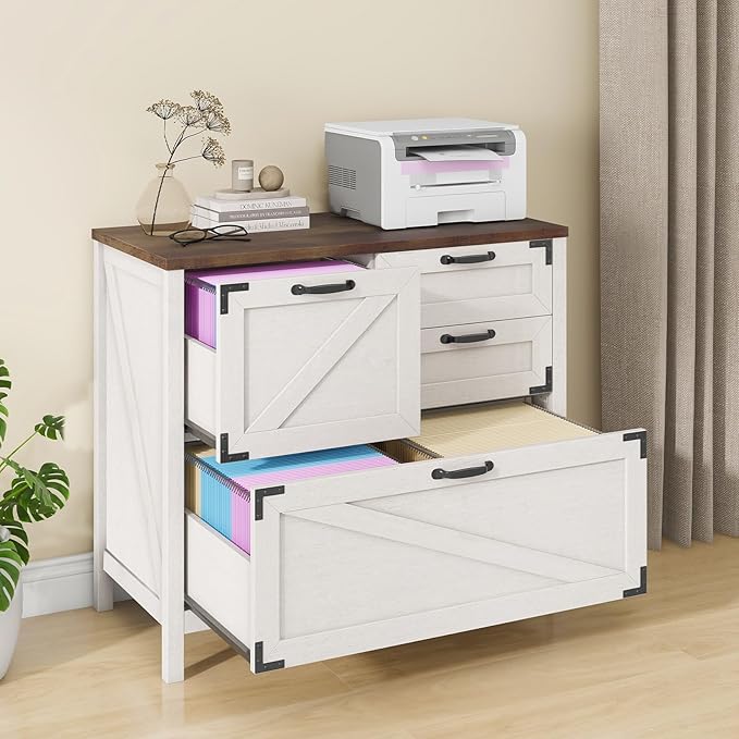 Lateral File Cabinet with 4 Drawers Farmhouse File Cabinet for Letter/Legal/A4 Size Hanging Files, Large Wood File Storage Cabinets Printer Stand for Home Office Cabinet, Rustic White