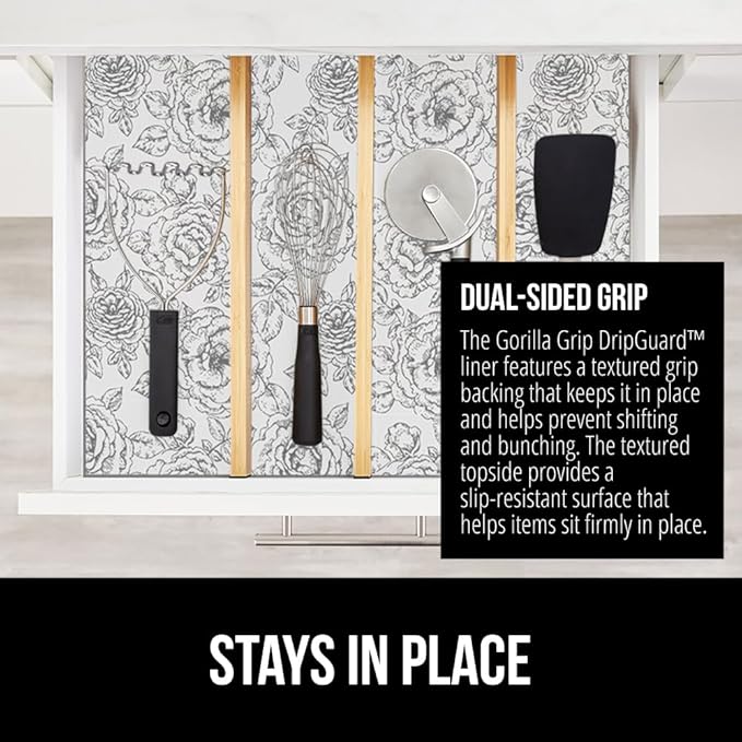 GORILLA GRIP DripGuard Shelf Liner, Non Adhesive Drawer and Kitchen Cabinet Protector, 20x240 Inch, Slip Resistant BPA Free Smooth Surface Plastic Liners for Cabinets, Bathrooms, Closets, Floral Gray